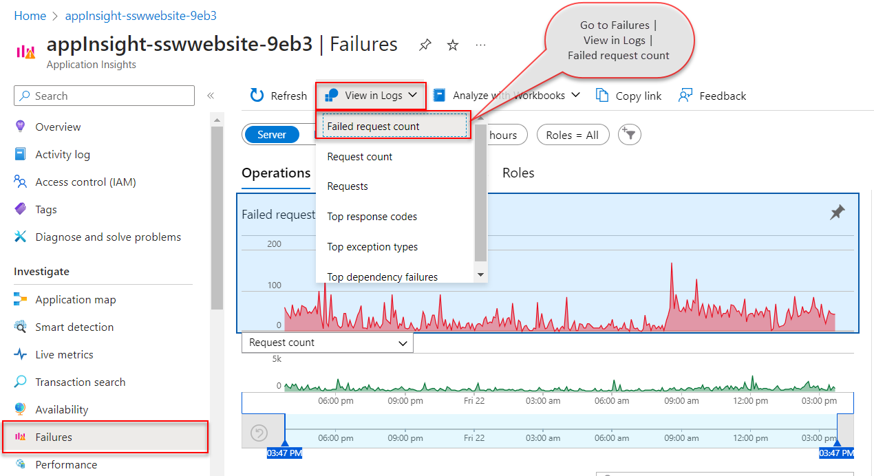 Figure: Access default Failed Requests query - Application Insights | Failures | View in Logs | Failed request count