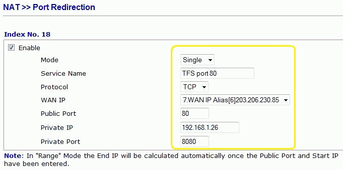 Rule to forward port 80 to the TFS port