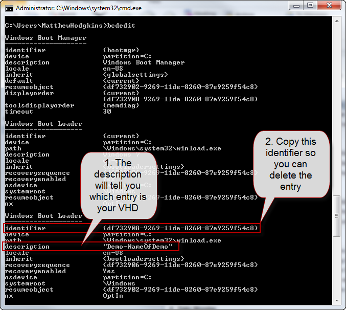 The list Boot entries after running bcdedit