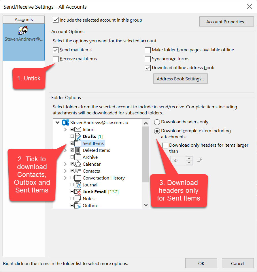 Figure - Untick "Receive mail items" | Tick "Sent Items", "Contacts" and "Outbox" | Download only headers for "Sent Items"
