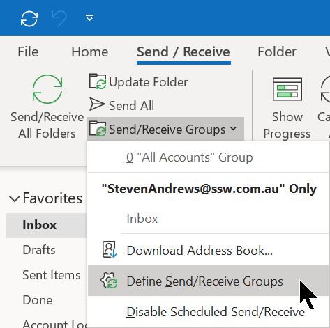 Figure - Click Send / Receive | Click Send / Receive Groups | Click Define Send / Receive Groups