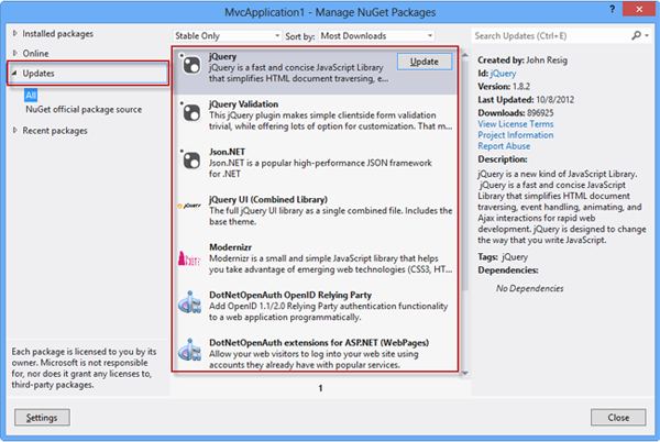 NuGet updates screen
