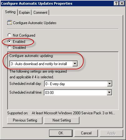 Edit Configure Automatic Updates Properties and enable 'Auto download and notify for install