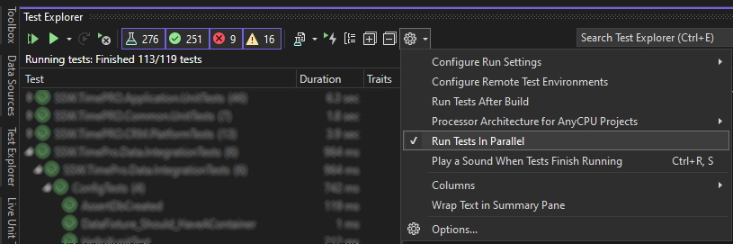 Figure: turn on "Run Tests In Parallel" to reduce the elapsed time to run all the tests