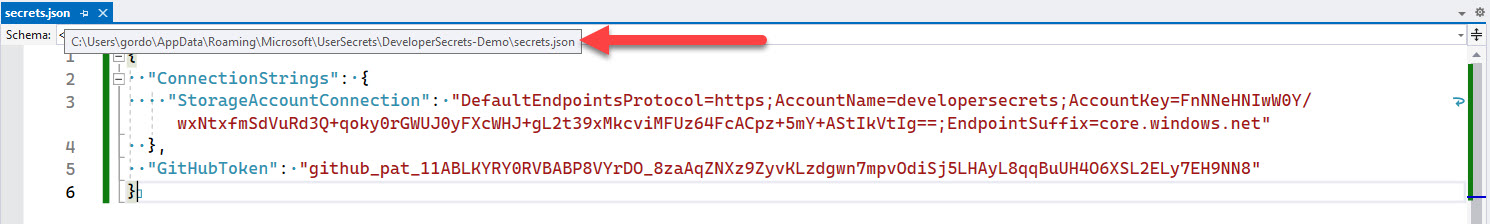 Figure: User Secrets are stored outside the development folder