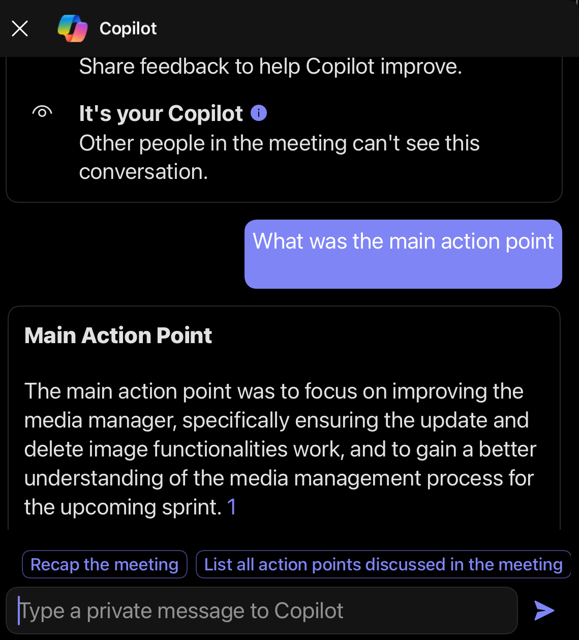 Figure: Copilot showed the main action point was {{ MAIN ACTION POINT }} - Image from Product Owner