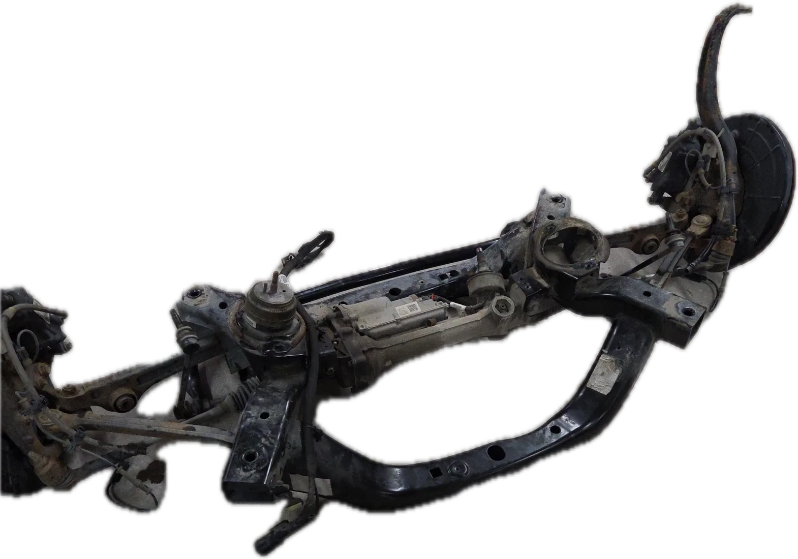 A front subframe out of the car, with the steering rack, control arms and a hub still on it