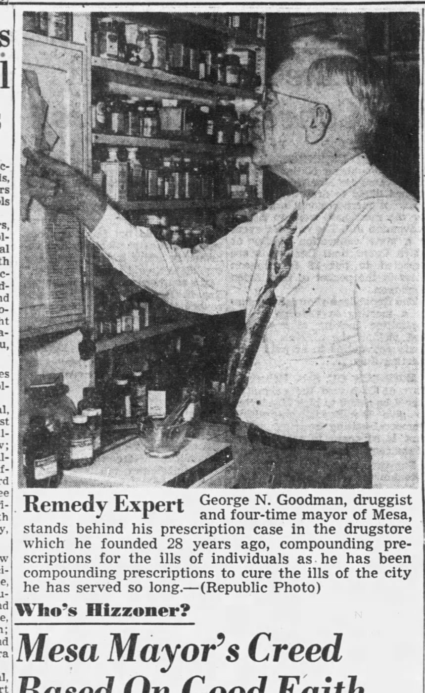 George Nicholas Goodman behind the prescription counter at Goodman's Pharmacy in Mesa, labeled "Remedy Expert" by the Arizona Republic