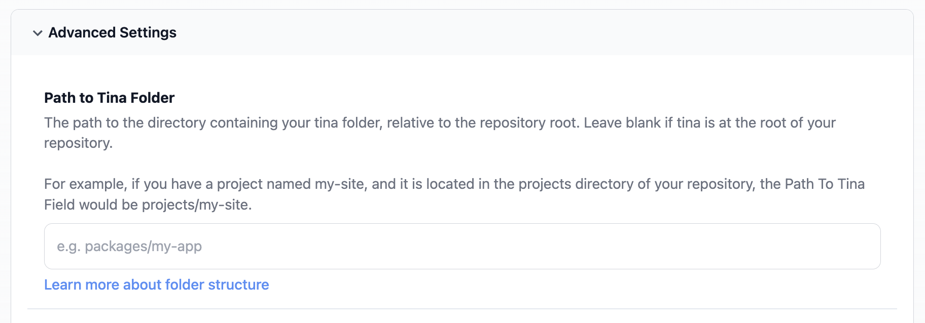 Path to Tina Folder UI under Advanced Settings