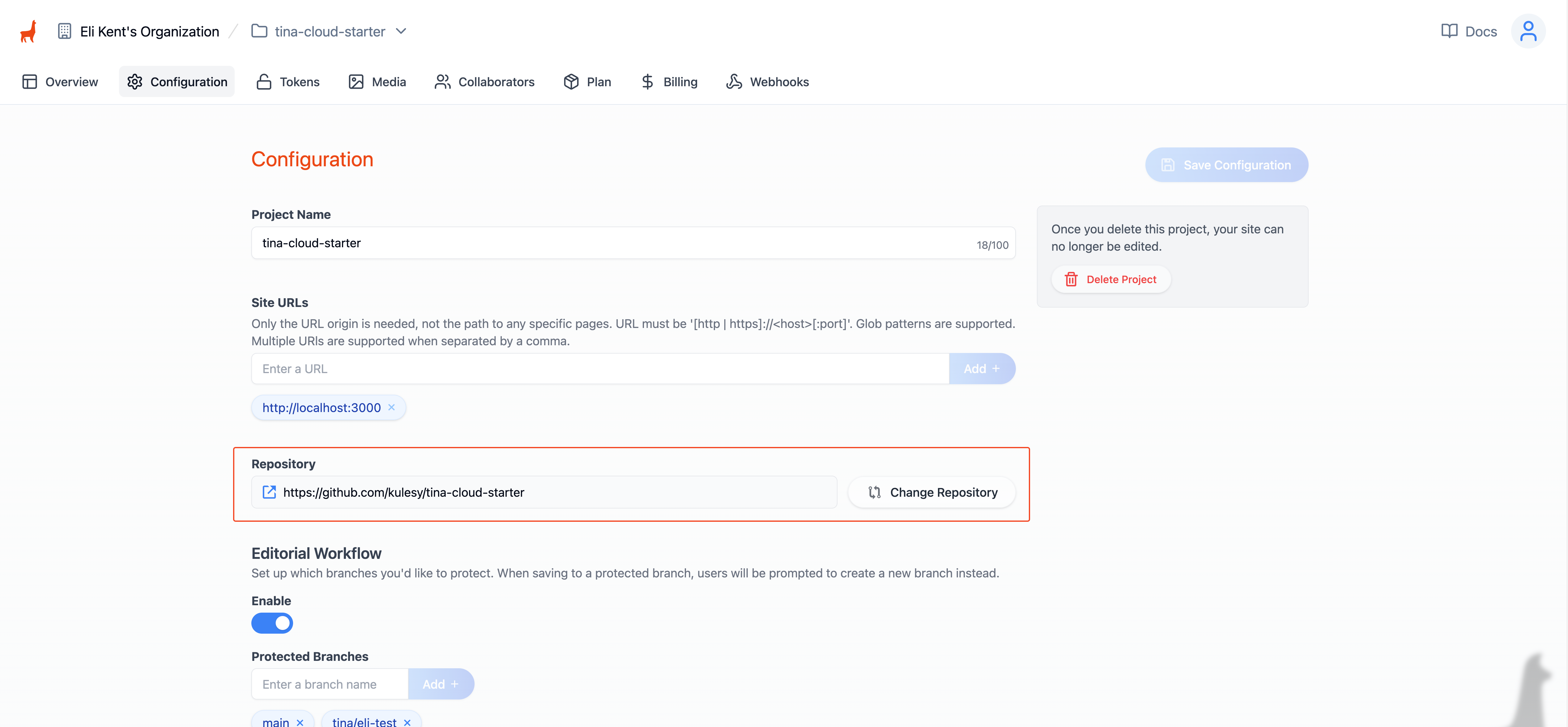 TinaCloud repository settings