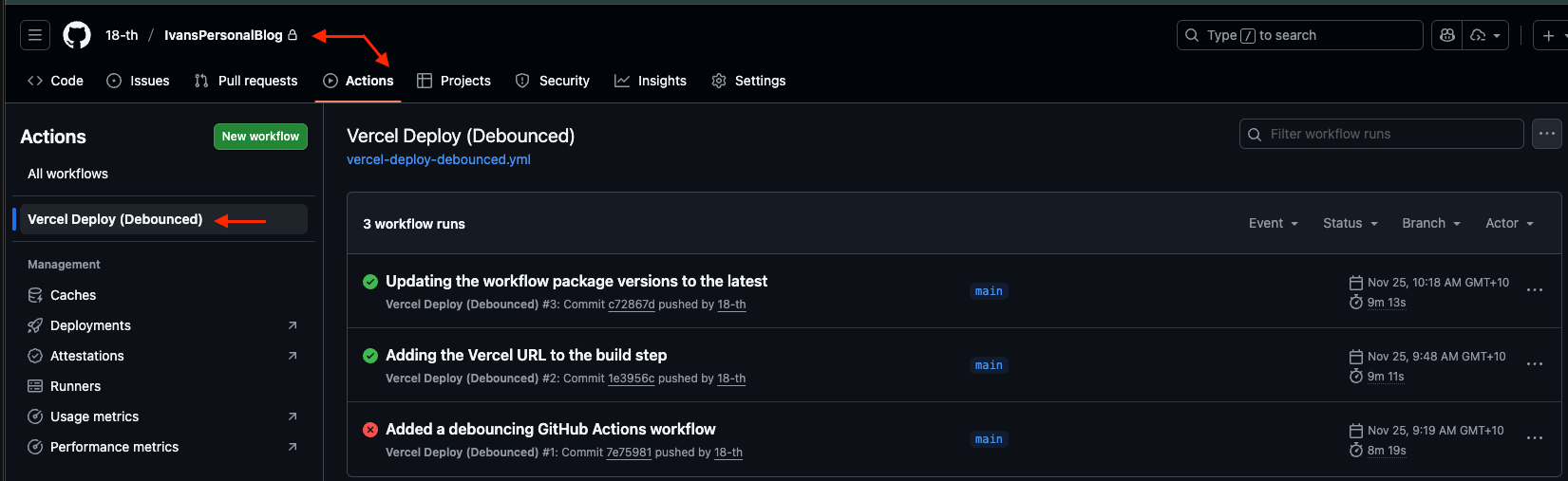 Successful and failed GitHub Actions