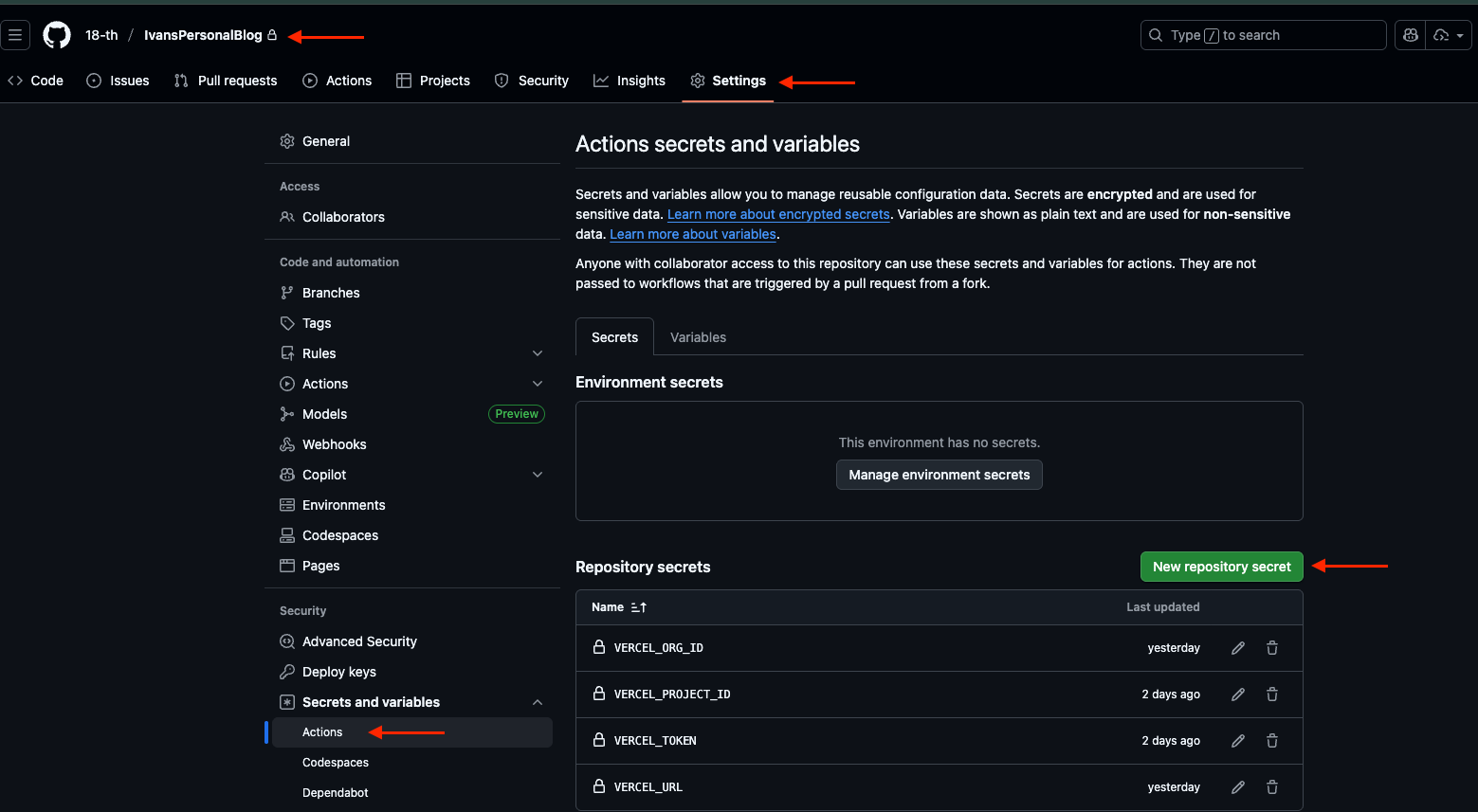 GitHub Repo Secrets Creation Page