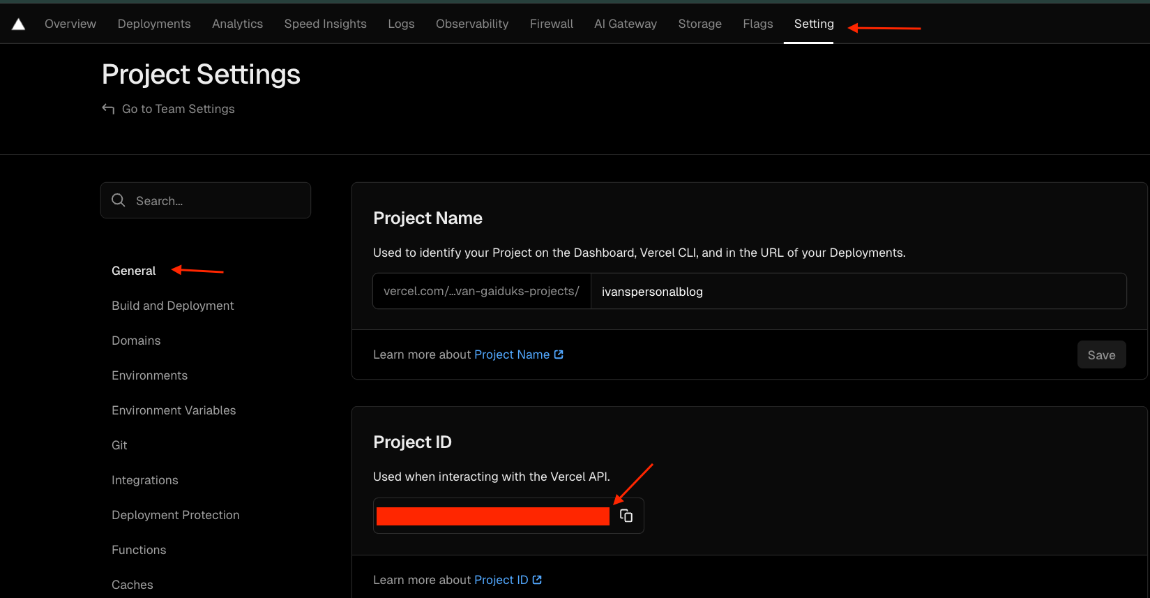 Location of the Project ID to copy