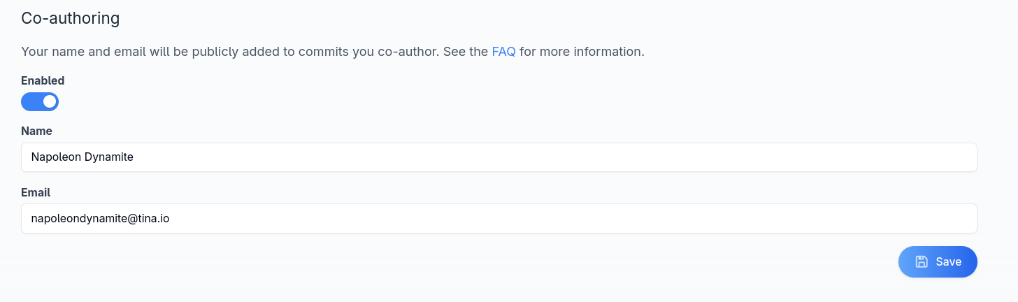 Co-author details are manually entered via the Git Co-authoring profile settings. The user settings UI showing the input fields for the Git co-authoring settings.