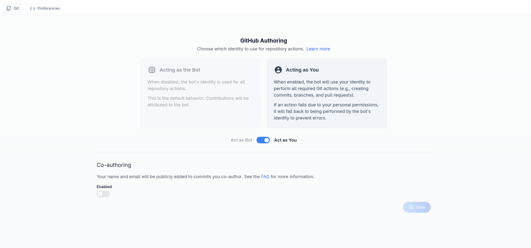 Toggle the setting via the GitHub Authoring profile settings. The user settings UI showing the toggle to enable / disable the GitHub Authoring settings.