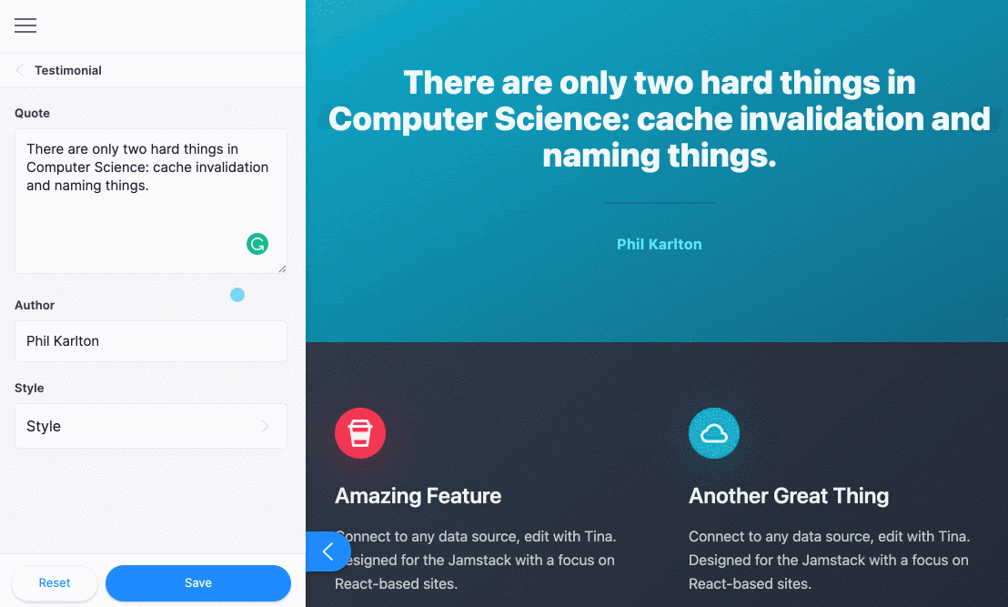 Real-time editing of a Next.js + Tailwind CSS site with Tina’s sidebar. Real-time editing of a Next.js + Tailwind CSS site with Tina’s sidebar.