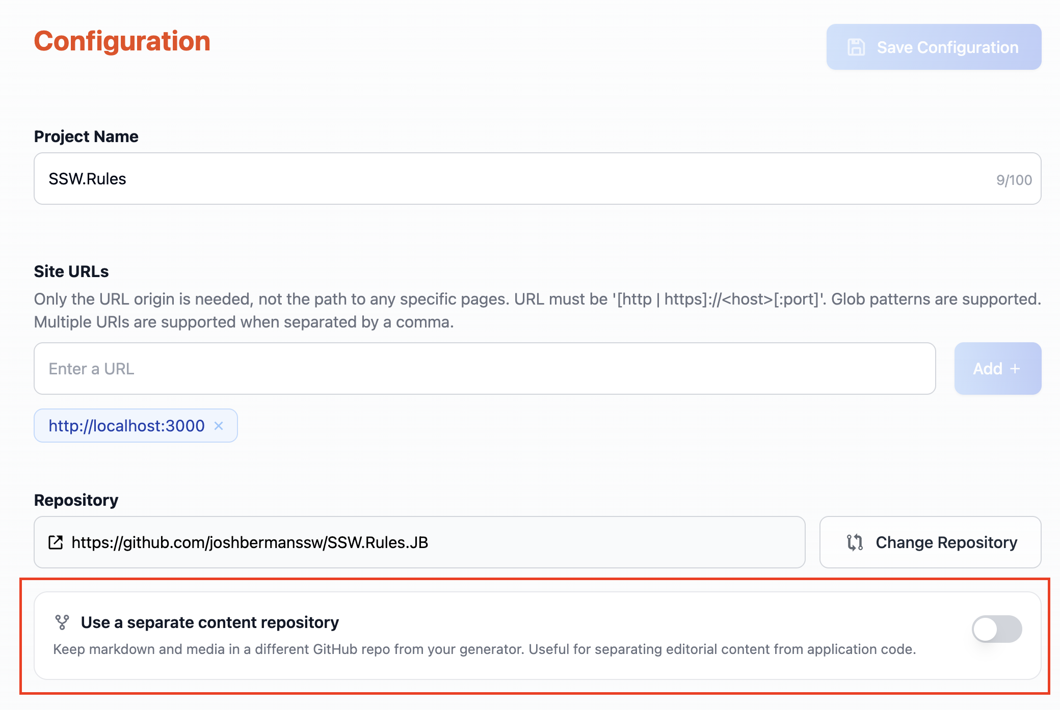 The project configuration page showing the content repository section