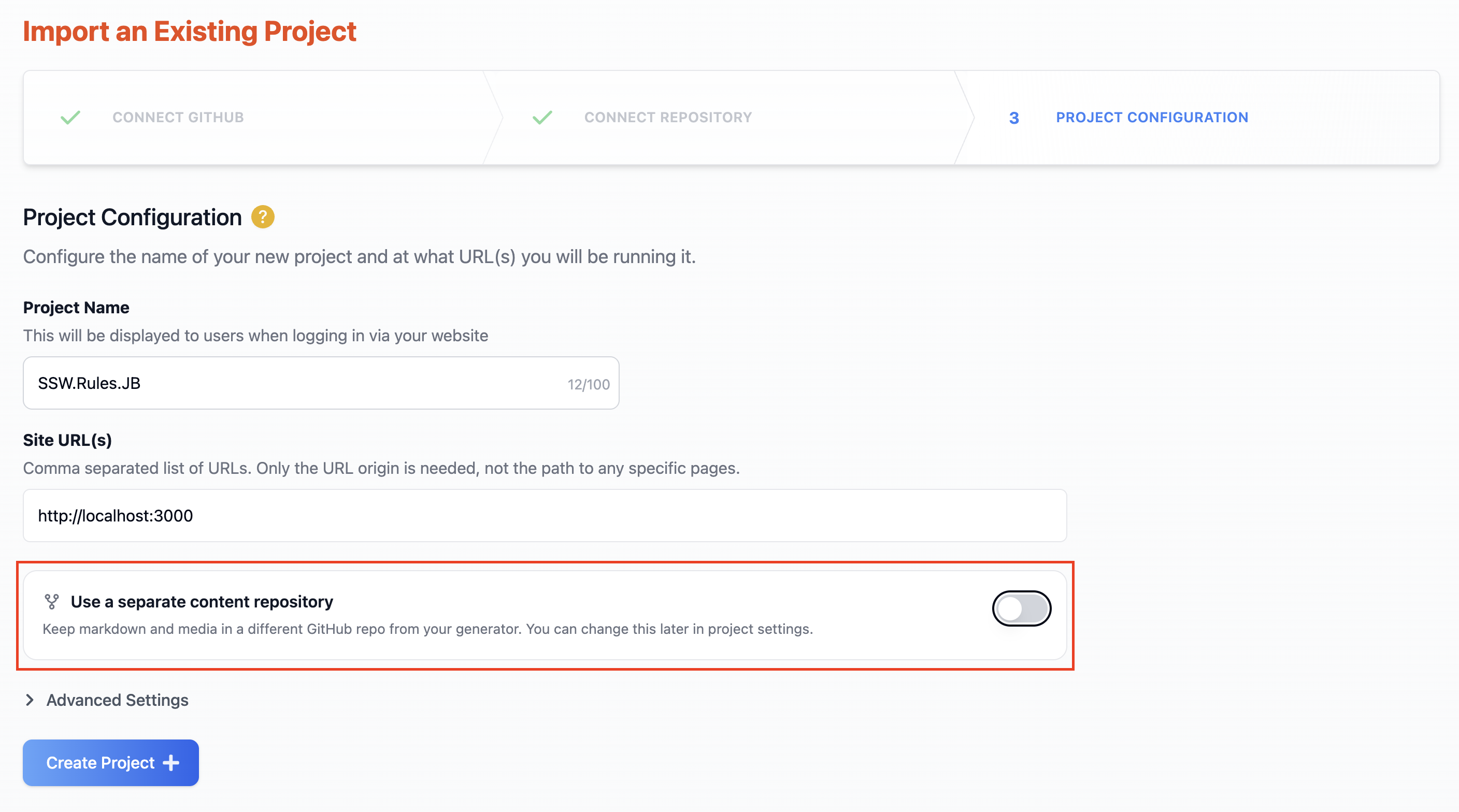 The new-project flow with the separate content repository toggle enabled