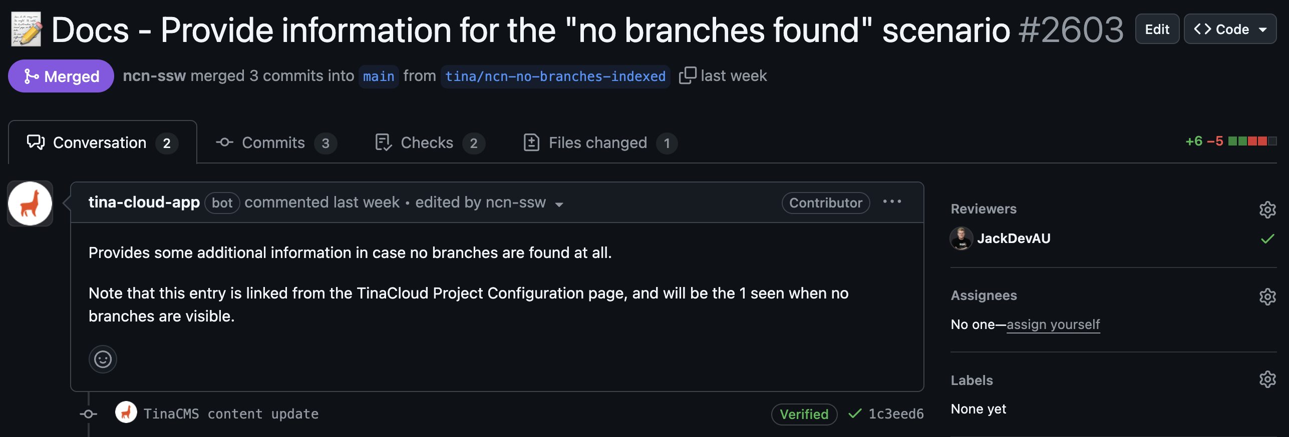 Without authorship settings, it's unclear who made the change. A commit authored solely by the tina-cloud-app, making it unclear who made the change.