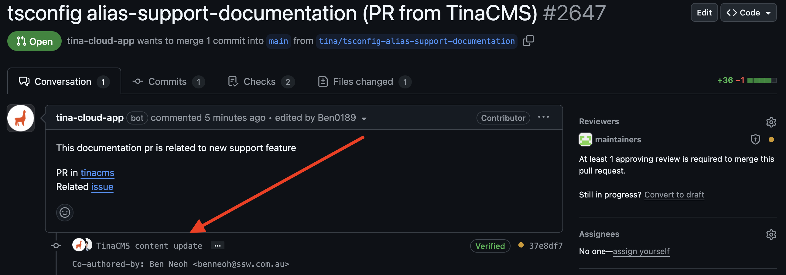 With co-authorship configured, contributions are attributed with the bot. A commit clearly showing the user's avatar and name as the co-author.