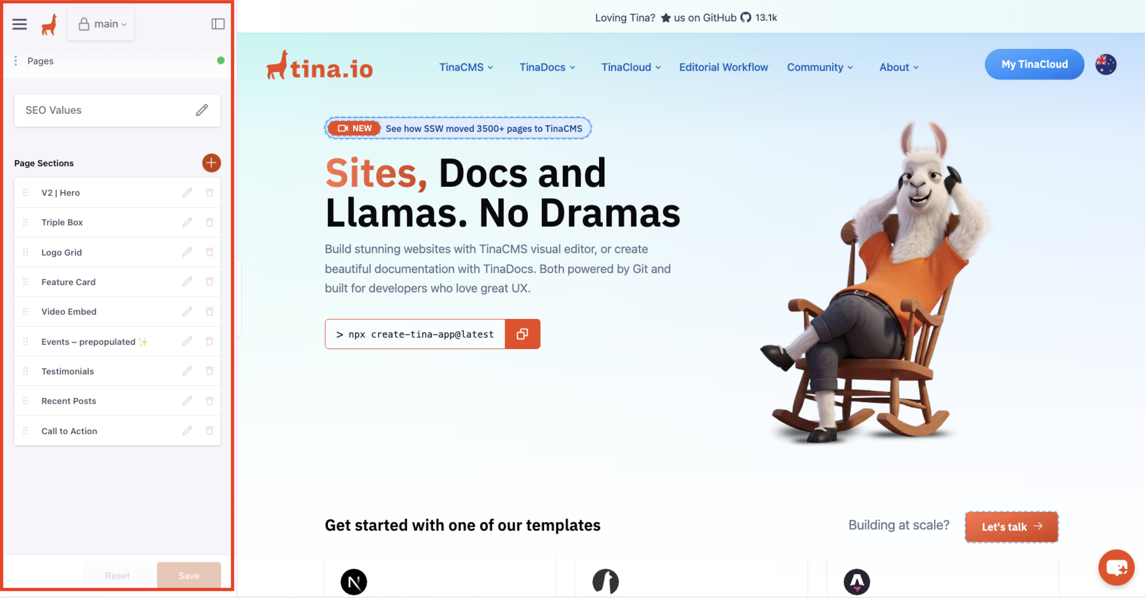 Array of blocks under 'Page Sections'