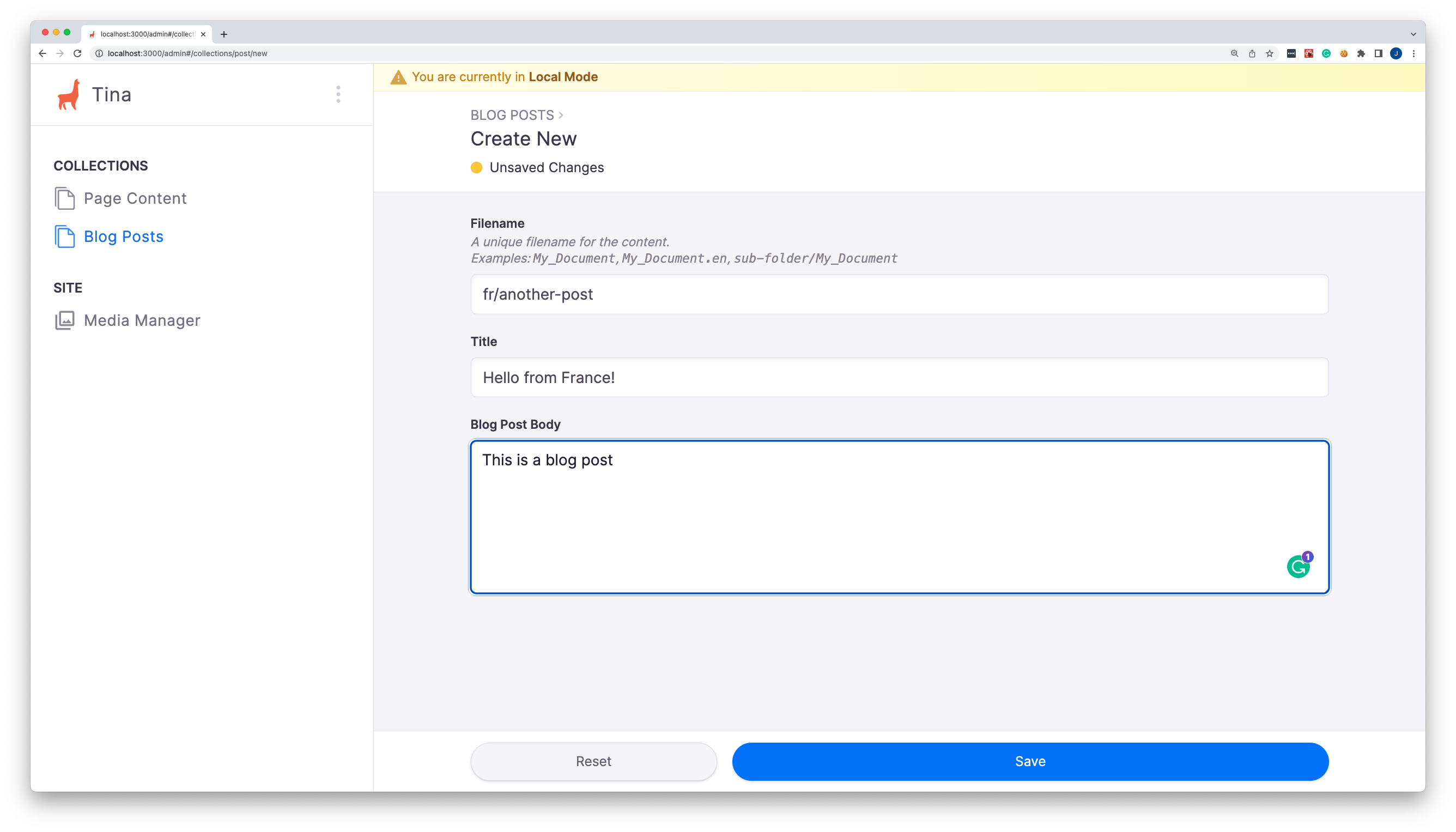 Example of the file structure used when creating a new file in Tina