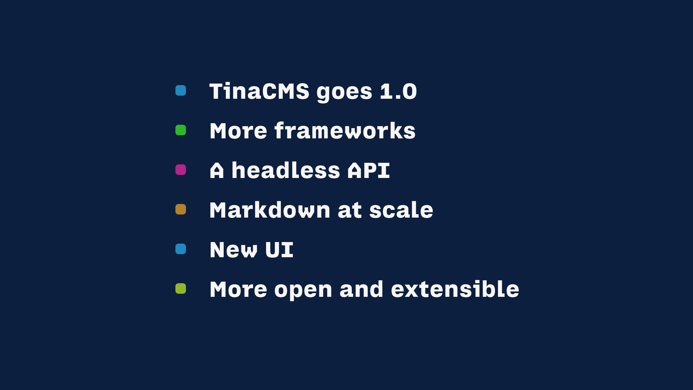 Tina launches version 1. More frameworks (Remix, Nuxt, SvelteKit, etc). A Headless API on top of your Git content. Markdown at scale. New UI. More open and more extendable