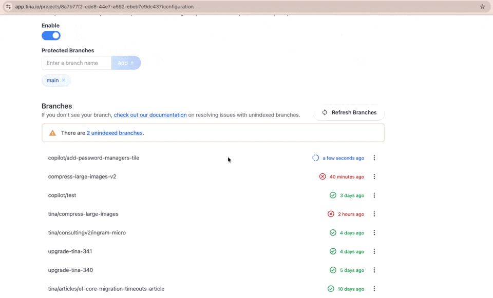Re-indexing GitHub Copilot branches in Tinacloud