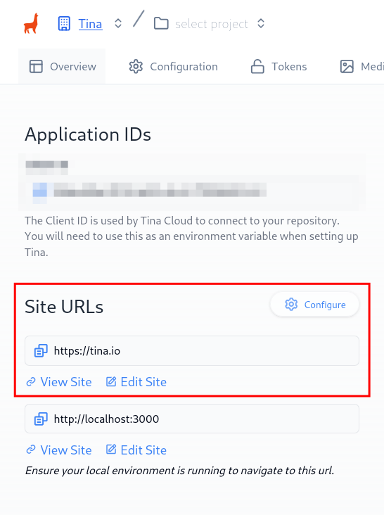 TinaCloud Site URLs settings