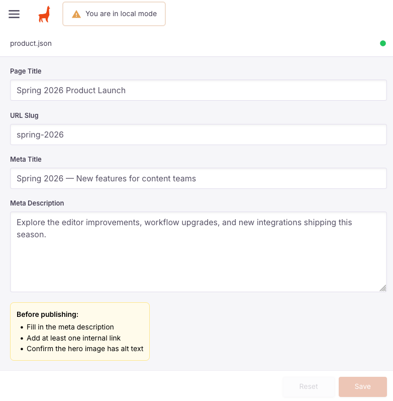 Landing page form with a custom SEO checklist component rendered below the Meta Description field Landing page form with a custom SEO checklist component rendered below the Meta Description field