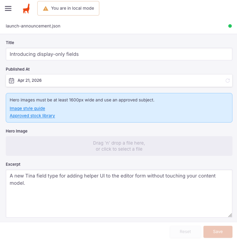 Blog post form with an InfoBox showing image guidelines and two links above the Hero Image field Blog post form with an InfoBox showing image guidelines and two links above the Hero Image field