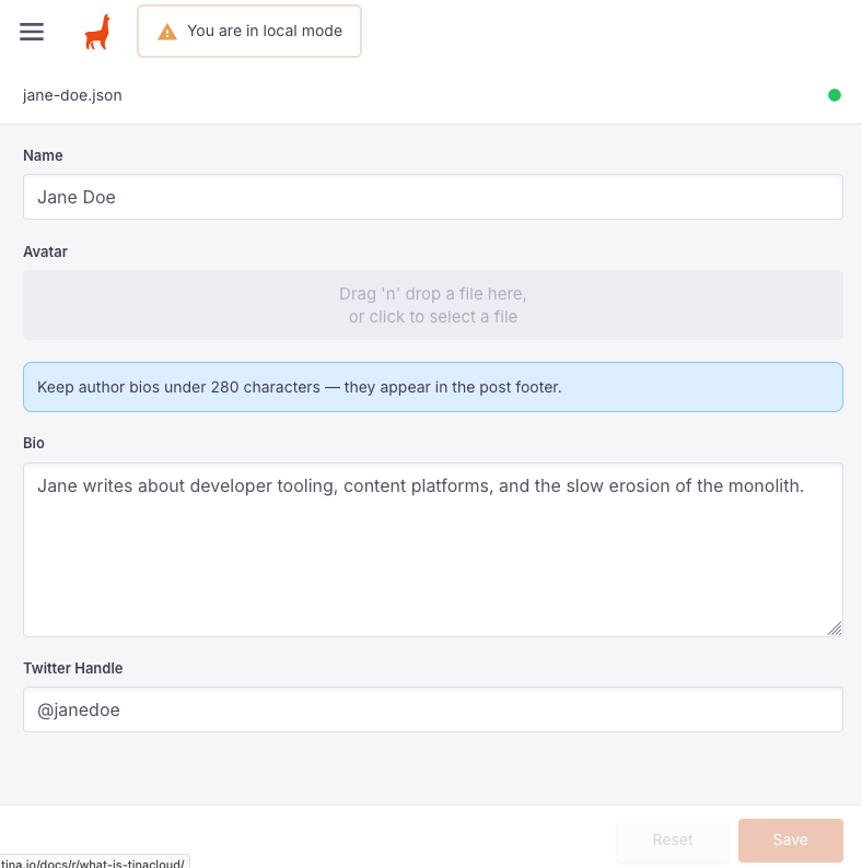 Author form with an InfoBox reminder above the Bio field Author form with an InfoBox reminder above the Bio field