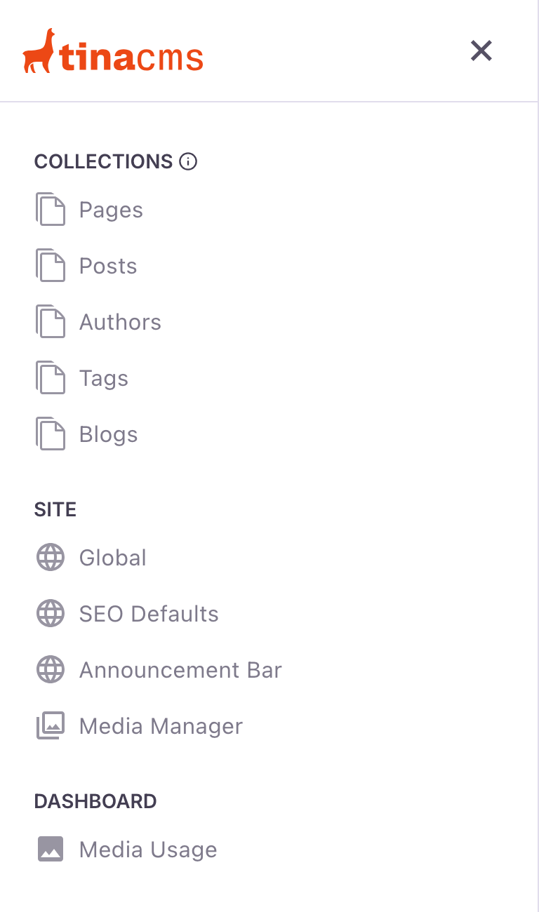 Global collections (Global, SEO Defaults, Announcement Bar) listed under the Site heading in the TinaCMS sidebar, each with a globe icon, separate from the regular Collections list above.