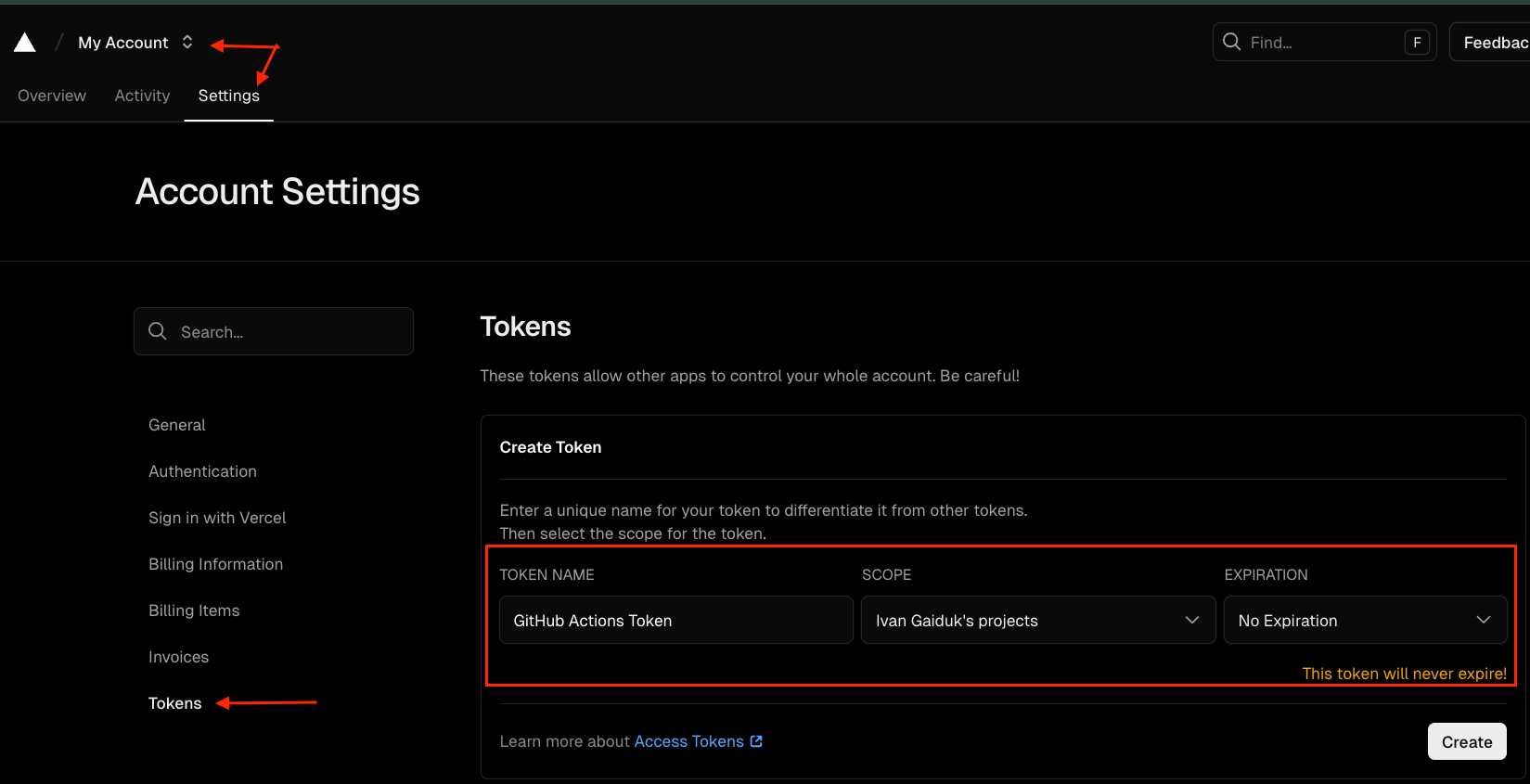 Token creation screen Token creation screen