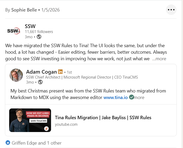 A Social media post reshared by SSW
