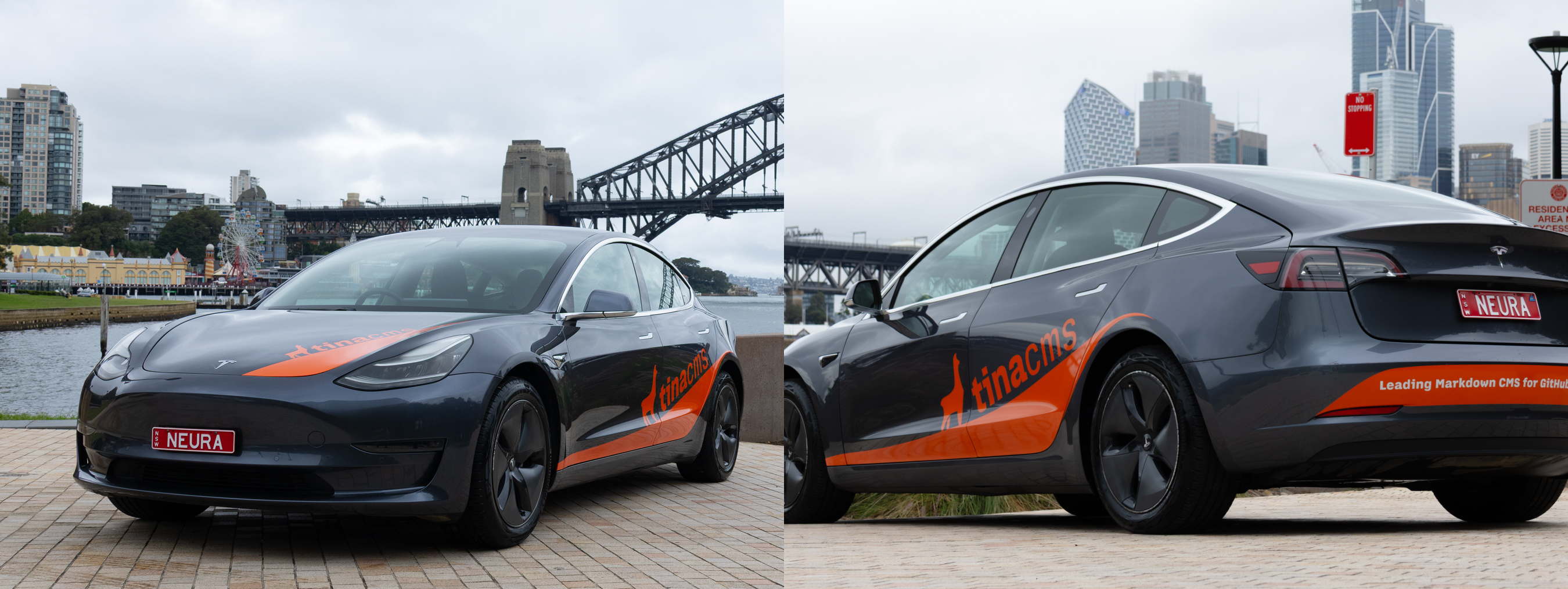 Tesla Model 3 featuring TinaCMS branding, with the Sydney Harbour Bridge in the background