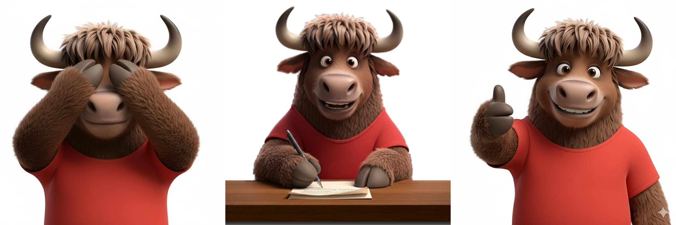 Three side-by-side images of the same 3D yak character wearing a red shirt, shown in different poses.