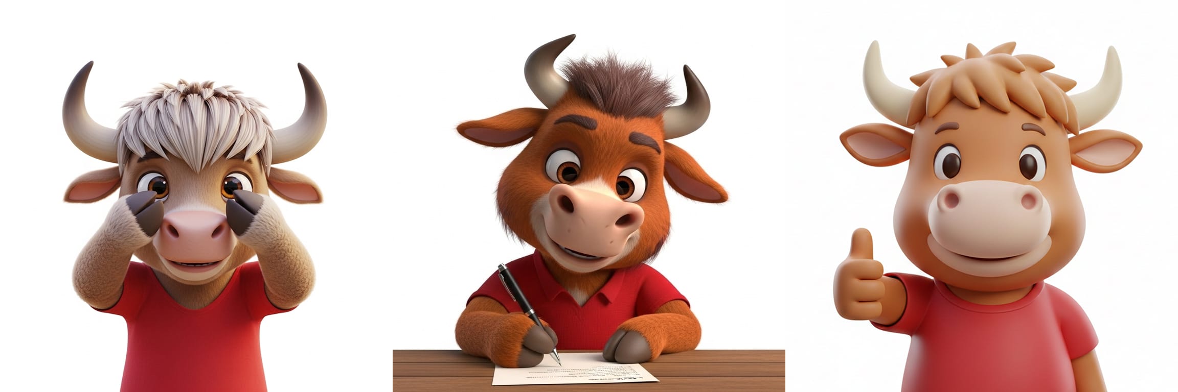 Three side-by-side illustrations of a yak character writing at a desk, each rendered in a different visual style.