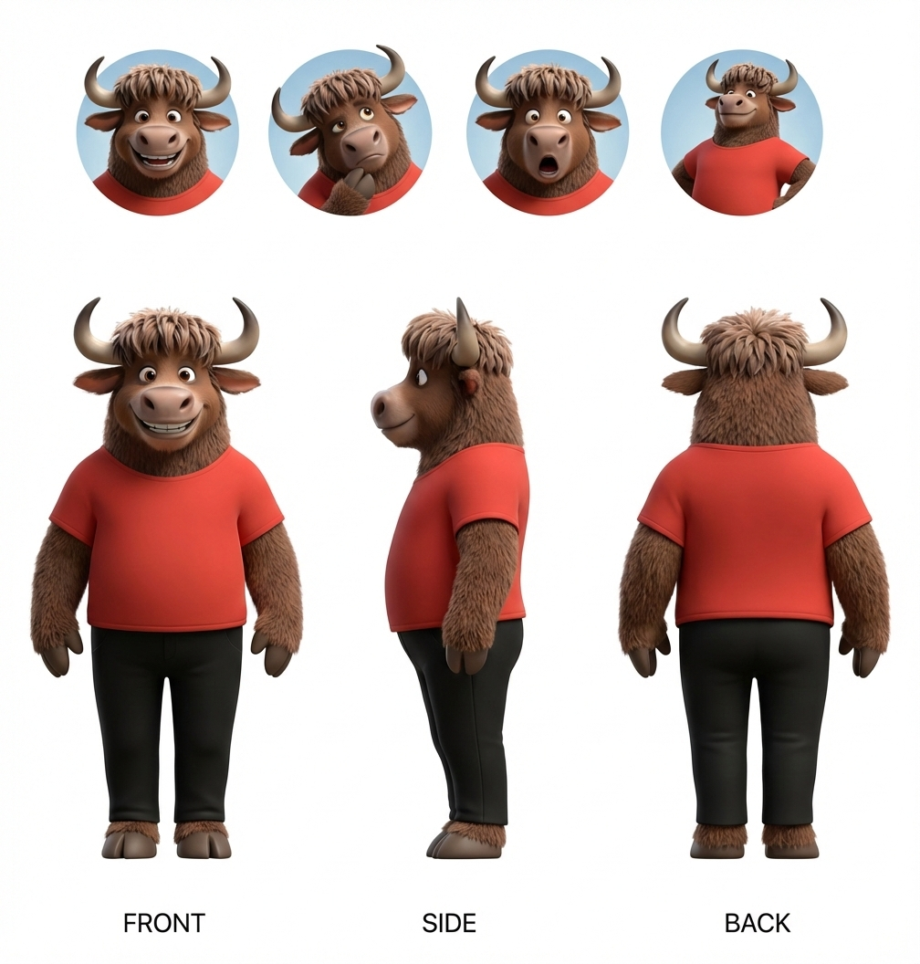 Character sheet of a stylized 3D cartoon yak with brown fur and curved horns, wearing a red T-shirt and black pants. The image shows multiple views: expressive facial close-ups with different emotions at the top, and full-body front, side, and back views labeled.