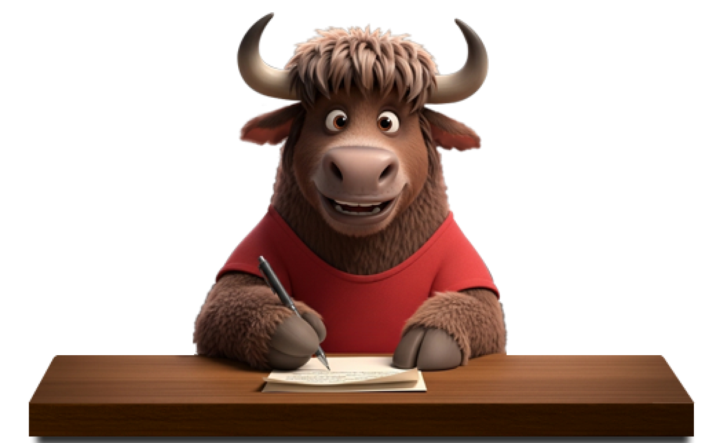 A smiling cartoon yak wearing a red t-shirt, sitting at a wooden desk and writing on a notepad with a pen.