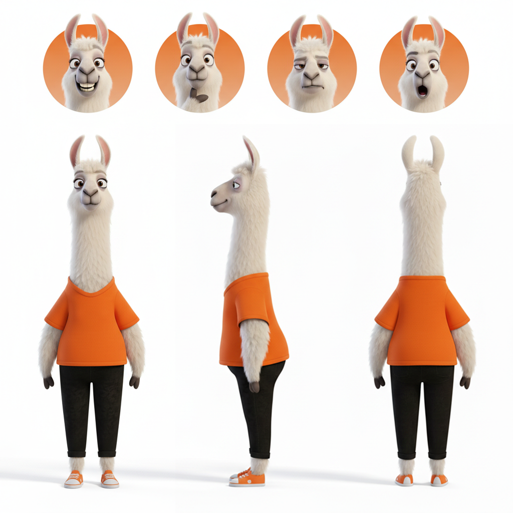 Character sheet of a 3D llama in orange shirt showing multiple facial expressions and front, side, and back views.