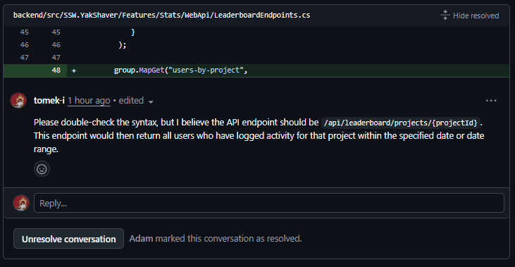 Bad Example - Comment simply marked as resolved with no response