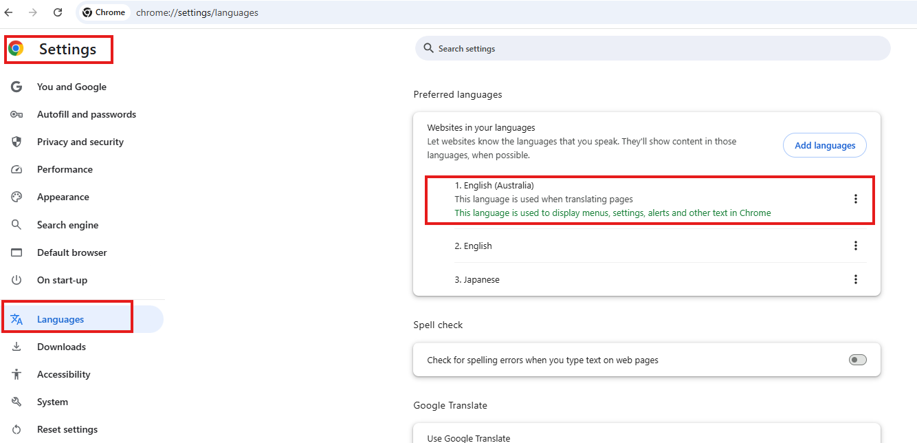 Chrome browser language settings panel with English (Australia) moved to the top of the preferred languages list