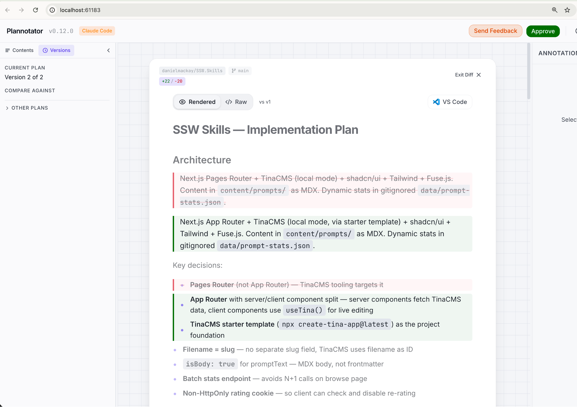 Plannotator showing a plan diff with the Versions panel open, comparing version 2 against version 1 with red deletions and green additions highlighted