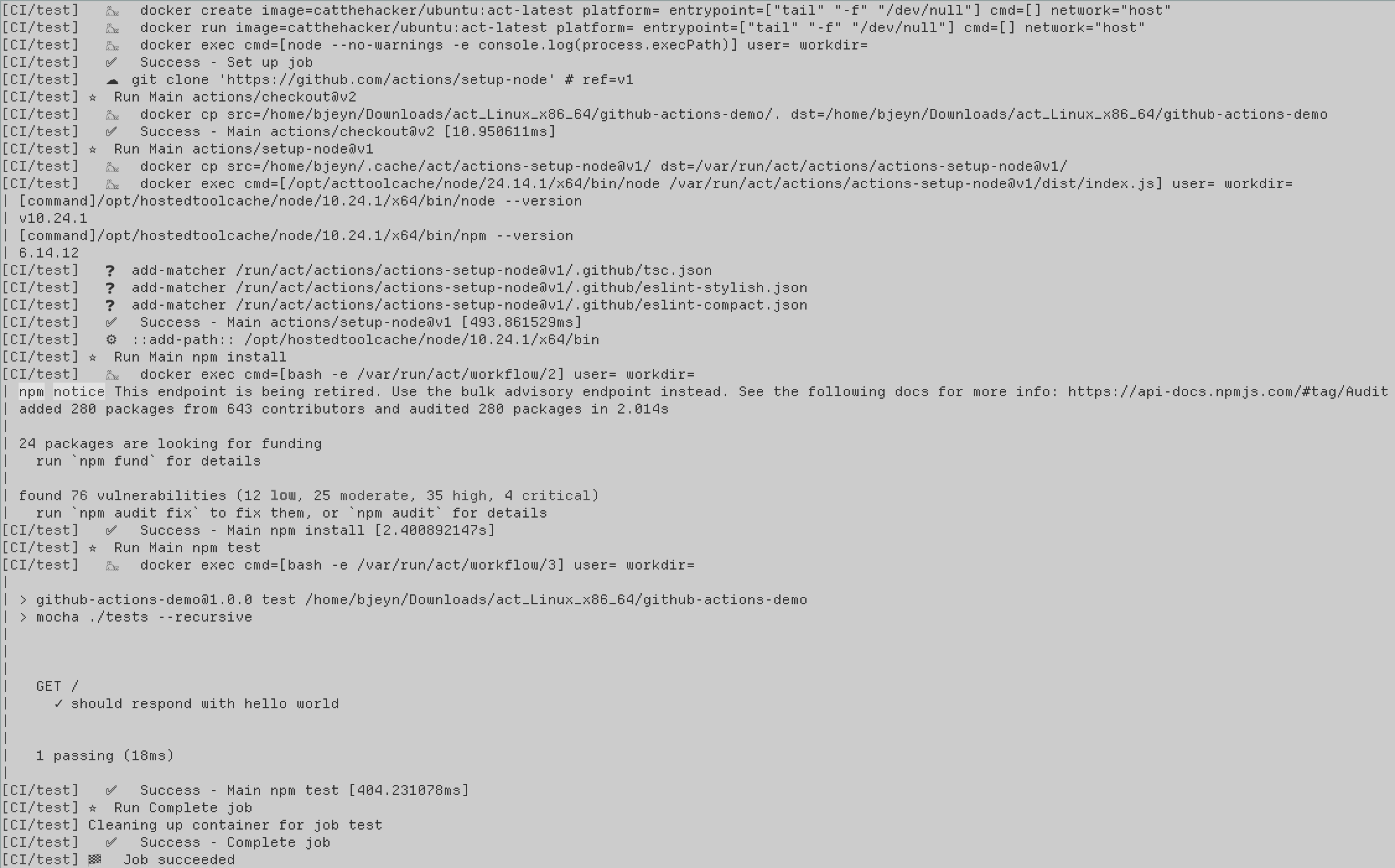 Local terminal run of act validating the workflow before pushing