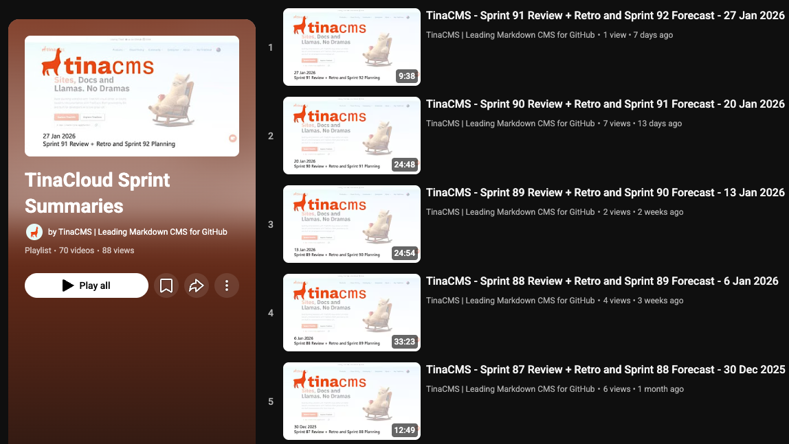 YouTube playlist listing Sprint Summary recordings for TinaCMS