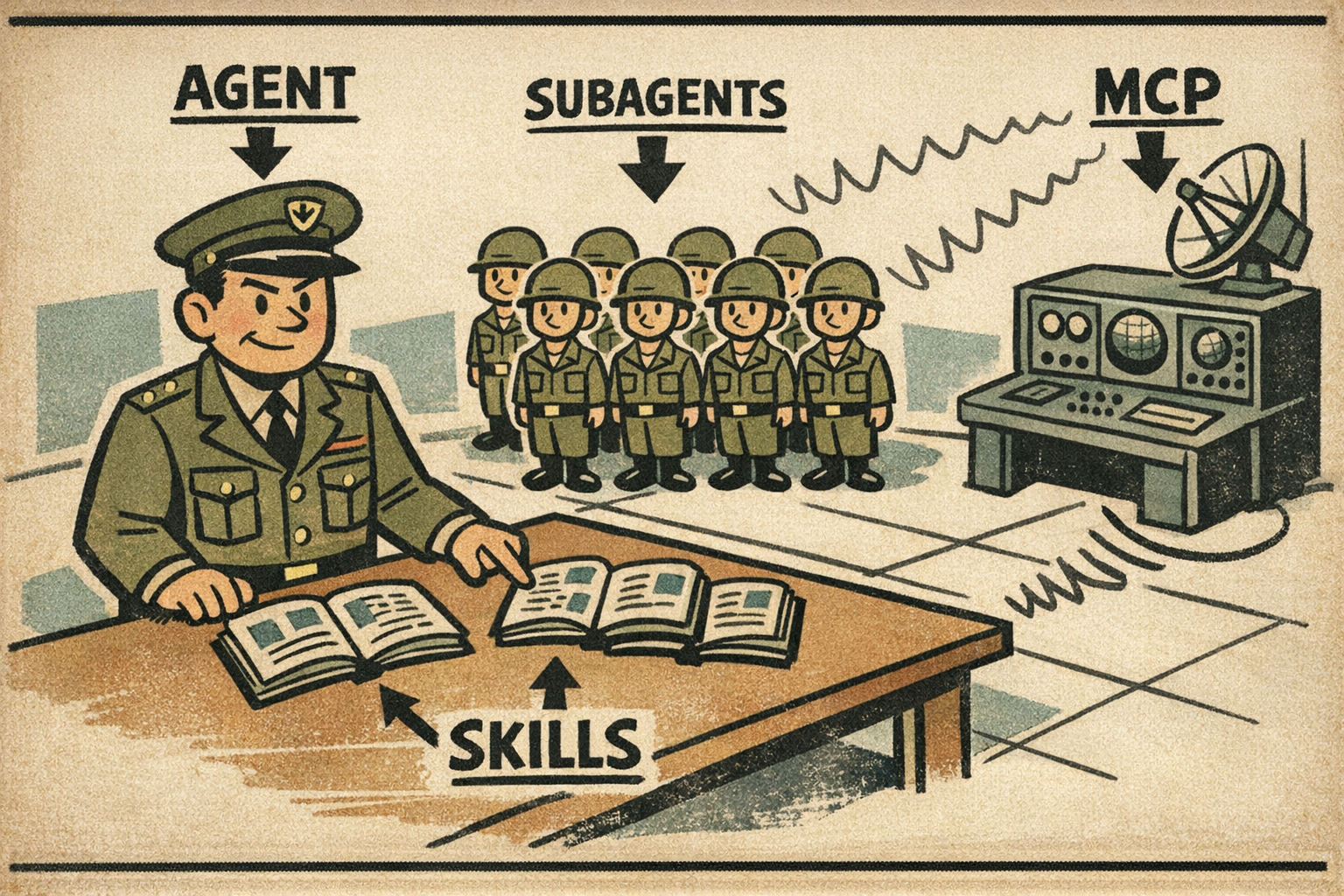 Retro instructional style command room diagram showing a central AGENT directing SUBAGENTS around a table of SKILLS, with an external MCP communications console connected by signal lines.