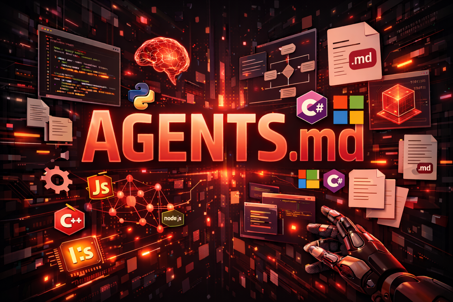 graphic with text "AGENTS.md", showing various different programming language logos and images of documentation surrounding the text.