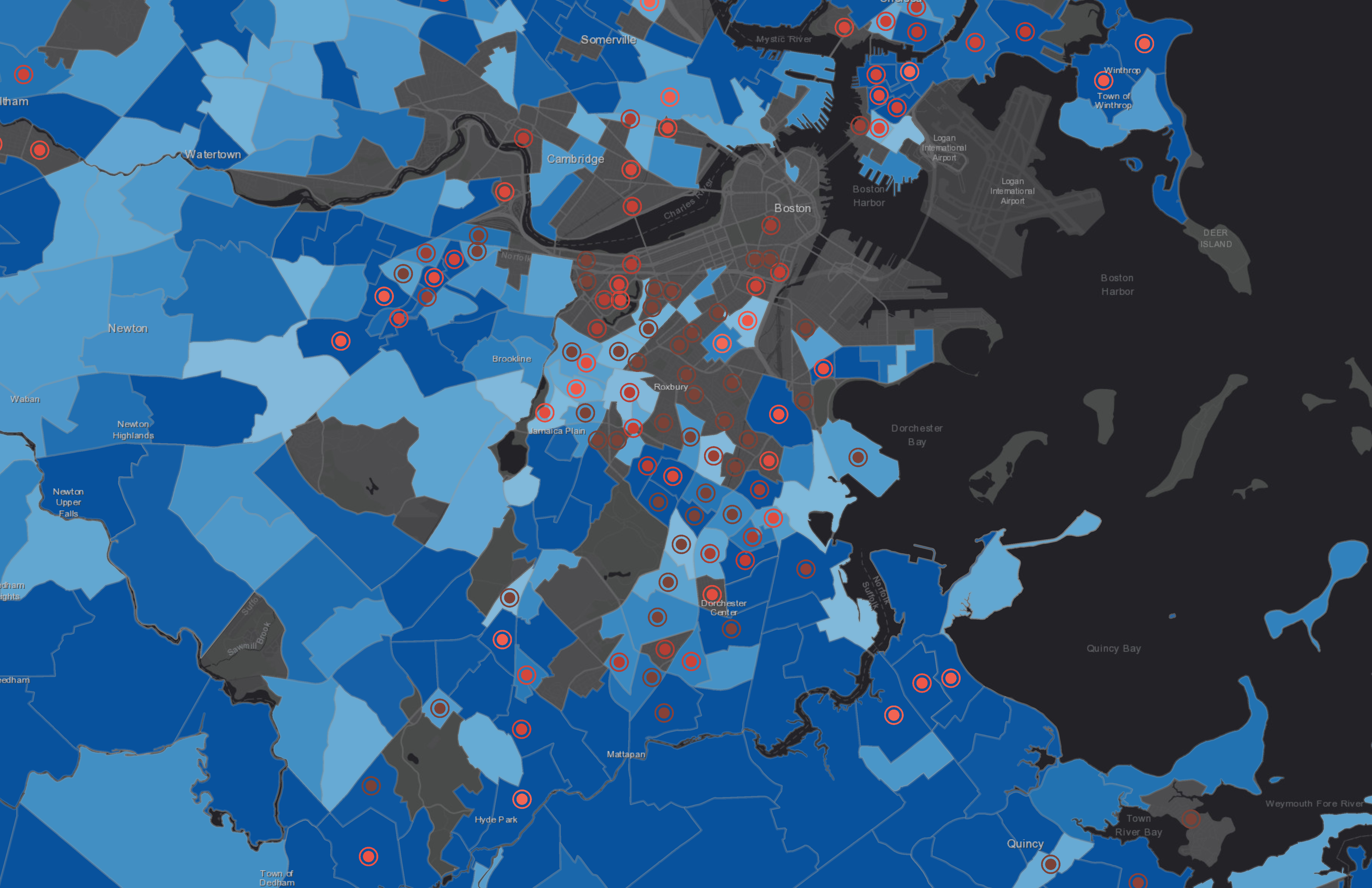 A modern map by Boston Latin School student Gideon Neave considers commute time (blue) and household income (red), and shows that people with less income are often subject to longer commute times.