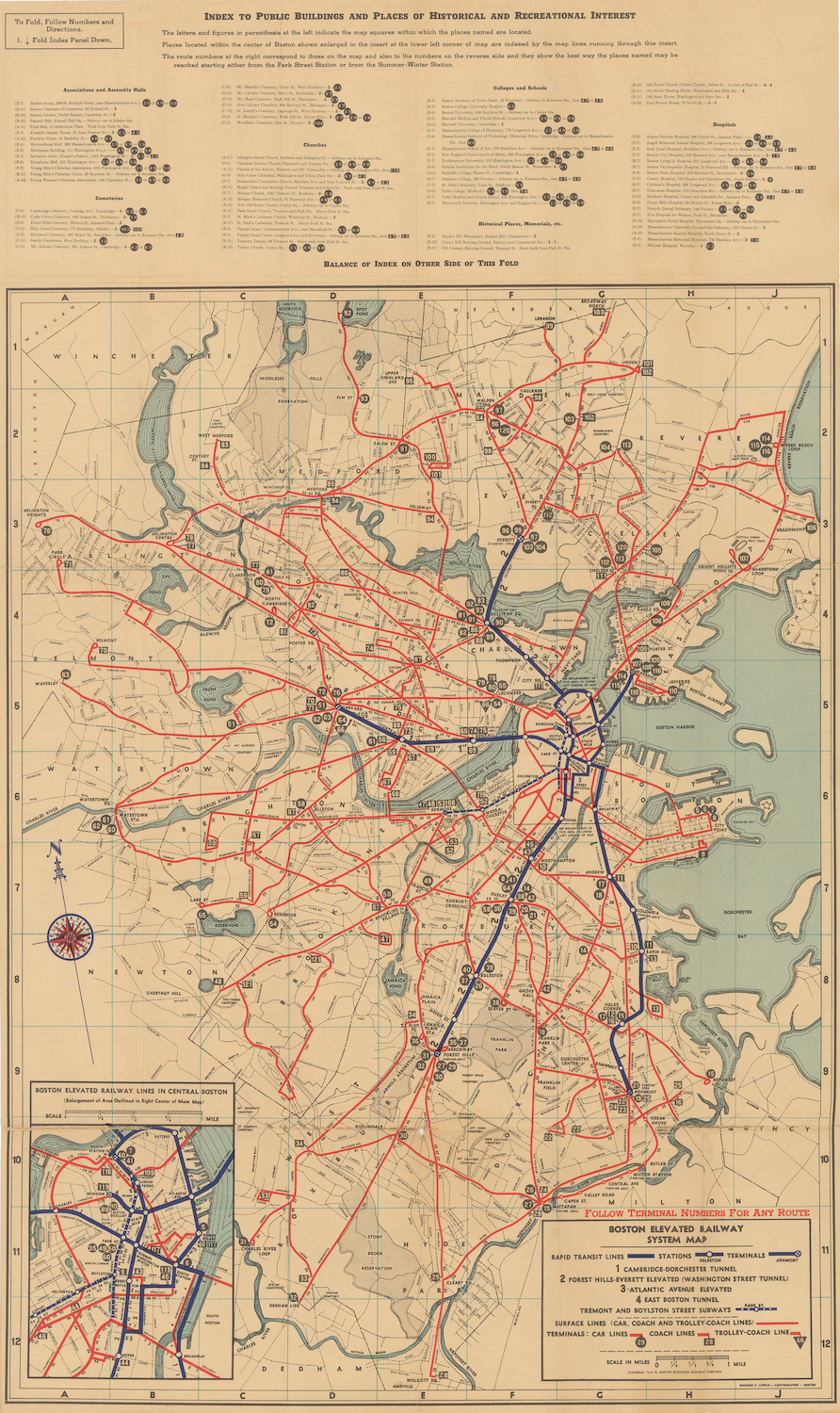 By referencing both sides of this 1936 BERy System Route map , one could locate a desired route, track operating frequencies, plot connections, and navigate all modes of the BERy’s network.